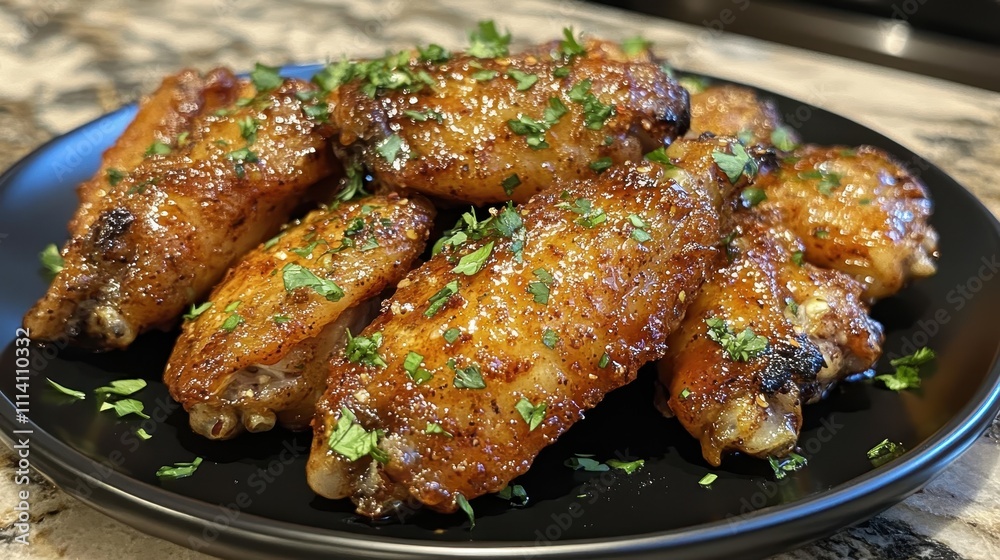 A wings on a black plate covered with a hot wing sauce rub. top view.