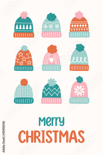 Christmas greeting card with funny hand drawn winter hats. Vector illustration