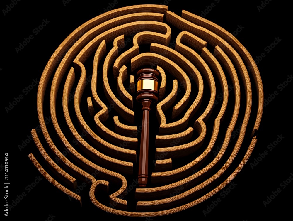 An abstract depiction of maze-like barriers encircling a judge's gavel, symbolizing legal complexities, justice, and decision-making challenges. An abstract depiction of maze-like barriers encircling a judge's gavel, symbolizing legal complexities, justice, and decision-making challenges.