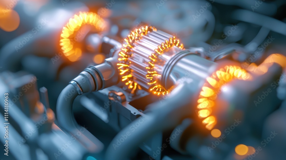 Fototapeta premium Closeup on electric vehicle battery and motor technology workshop