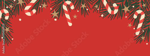 banner with christmas fir tree garland with stars, candy canes and snow flakes; copy space - vector illustration