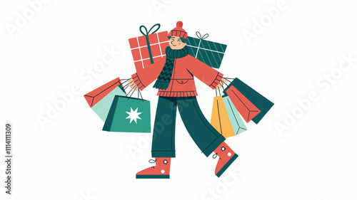 A cheerful person wearing a cozy winter outfit, carrying multiple shopping bags filled with wrapped Christmas gifts. photo