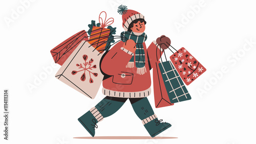 A cheerful person wearing a cozy winter outfit, carrying multiple shopping bags filled with wrapped Christmas gifts.