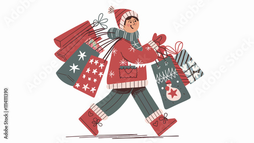 A cheerful person wearing a cozy winter outfit, carrying multiple shopping bags filled with wrapped Christmas gifts.