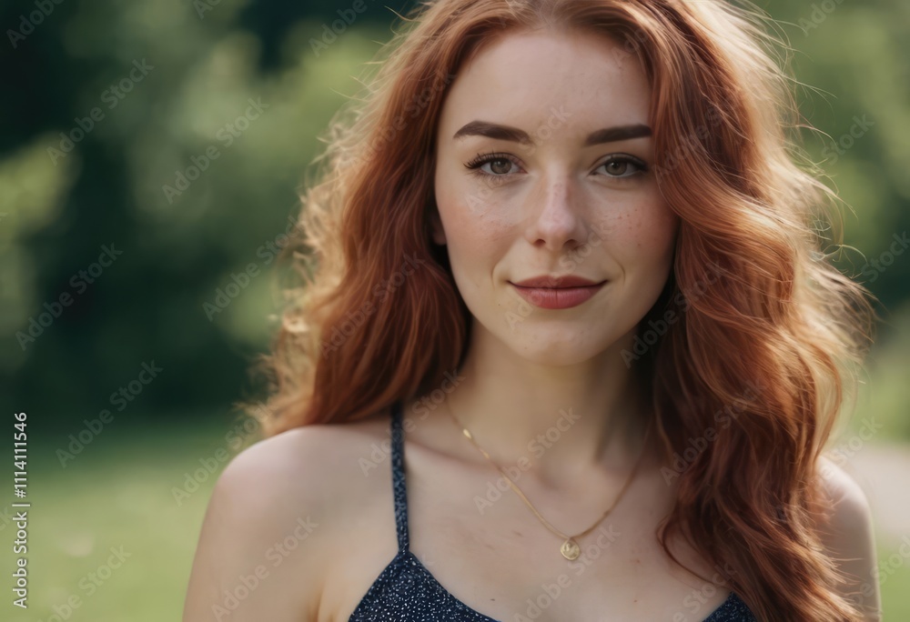 A woman with vibrant red hair is wearing a lovely heart necklace A woman with vibrant red hair is wearing a lovely heart necklace