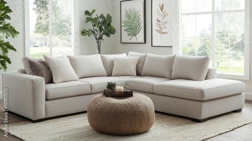 Beige Sectional Sofa With Ottoman In Bright Living Room