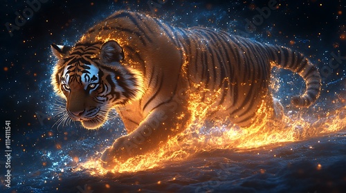 A celestial tiger prowling through a radiant starry field of glowing blue particles