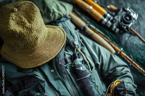 Fisherman equipment lying on dark background with backpack, hat, and camera photo