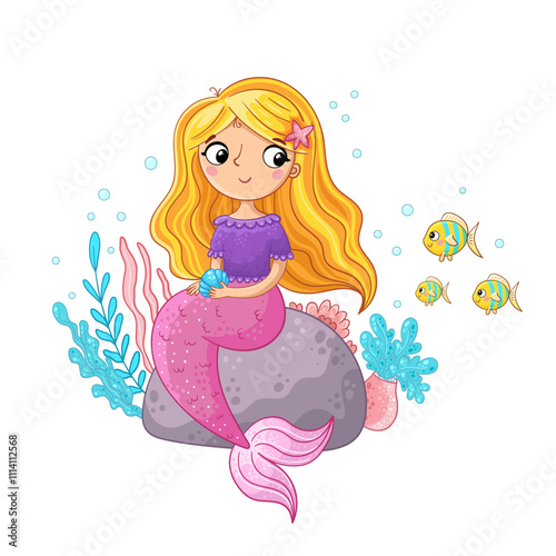 a cheerful mermaid with long blonde hair, sitting on a rock surrounded by underwater plants and colorful fish. She holds a small shell in her hands, creating a magical and vibrant underwater scene.