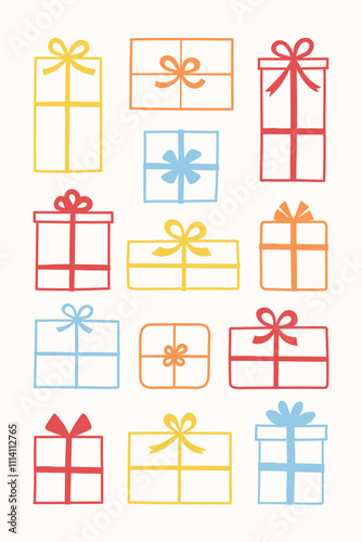 Colourful cartoon present with bow set. Christmas elements. Vector illustration