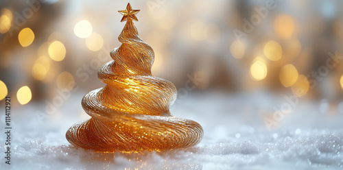 Golden Christmas tree on a white background. A Christmas greeting banner.