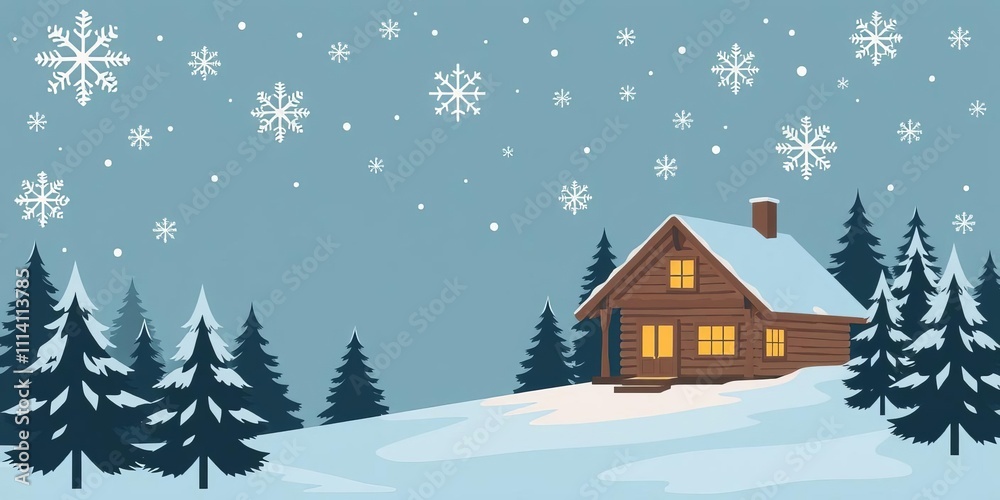 Christmas abstract vector illustration winter landscape background with snowflakes, pine trees, and a cozy cabin, cabin, pine trees Christmas abstract vector illustration winter landscape background with snowflakes, pine trees, and a cozy cabin, cabin, pine trees
