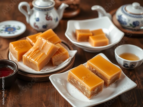 Chinese traditional dessert caramel treats, also known as sachima, arranged neatly on a wooden table with a traditional oriental tea pot and cups in the background, Chinese dessert, wood table photo