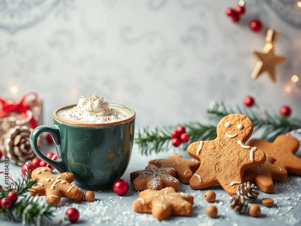 Christmas card featuring hanging gingerbread cookies and a cup of cocoa drink, drink, decorations
