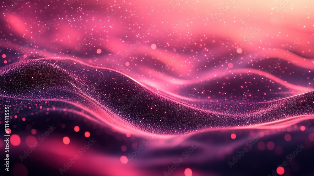 The background features waves of pink and red hues with glowing particles and a soft bokeh effect. The background features waves of pink and red hues with glowing particles and a soft bokeh effect.