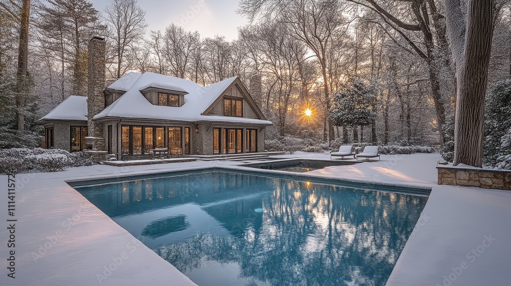 A tranquil backyard reveals a swimming pool blanketed in snow, surrounded by frosty trees and a luxurious home, capturing the essence of a cold winter day A tranquil backyard reveals a swimming pool blanketed in snow, surrounded by frosty trees and a luxurious home, capturing the essence of a cold winter day
