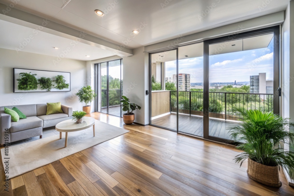Fototapeta premium Modern living room with large sliding glass doors, wooden flooring, green plants, and access to a spacious balcony view