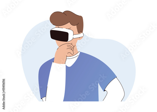 Medical Professional Using VR Headset for Training or Analysis. Vector isolated flat illustration of serious thinking male doctor.