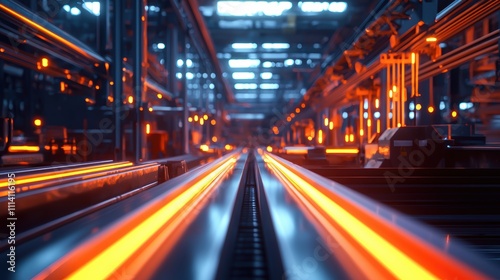 High-Speed Conveyor Belt Transporting Steel Beams in a Heavy Industry Plant Environment