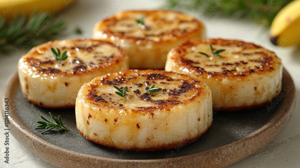 Grilled plant-based rounds served on a rustic plate with vibrant herb garnishes Grilled plant-based rounds served on a rustic plate with vibrant herb garnishes
