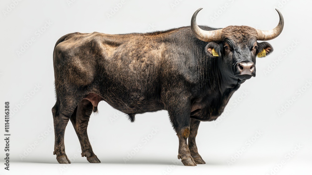 Powerful aurochs bull standing on a white background looking at us, farm animal breeding concept Powerful aurochs bull standing on a white background looking at us, farm animal breeding concept