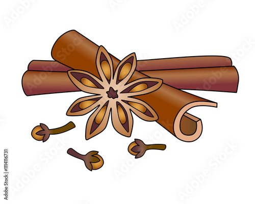 Star Anise, Cloves and Cinnamon Sticks - Spices vector full color illustration. Spices - cinnamon, cloves and star anise - a spice composition for aromatherapy or cooking	