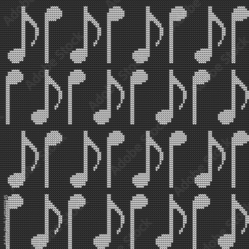 knitted seamless pattern of notes. Eighth note pattern. White notes on a black background.