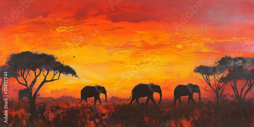 A vibrant African savanna at dawn, with acacia trees silhouetted against a fiery horizon, a herd of elephants walking gracefully, and the sound of distant bird calls. The majestic and untamed setting photo
