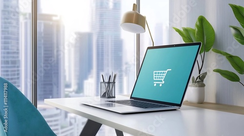 Laptop Screen With Shopping Cart Icon On Modern Office Desk Highlighting E-commerce Concepts