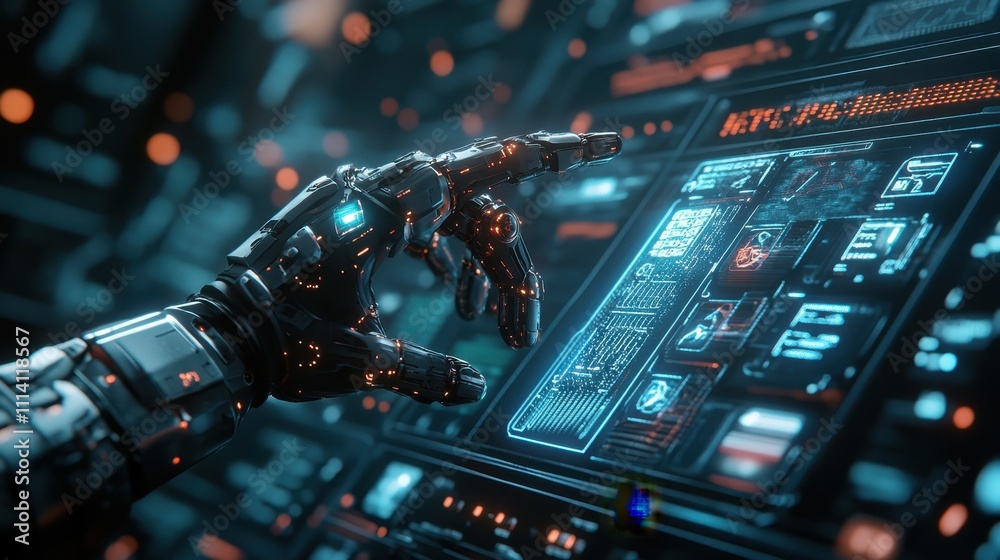 3D image of a cyborg hand holding an interface for a medical interface hud 3D image of a cyborg hand holding an interface for a medical interface hud