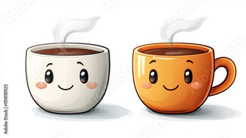Vector icon of a cute coffee cup character with steam and a tiny smiling face, 