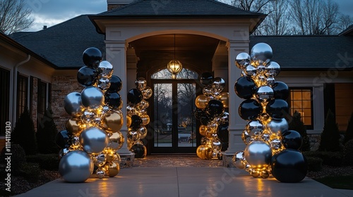 Outdoor New Year's display with silver, gold, and black balloon columns along the entryway, sparkling in evening lights