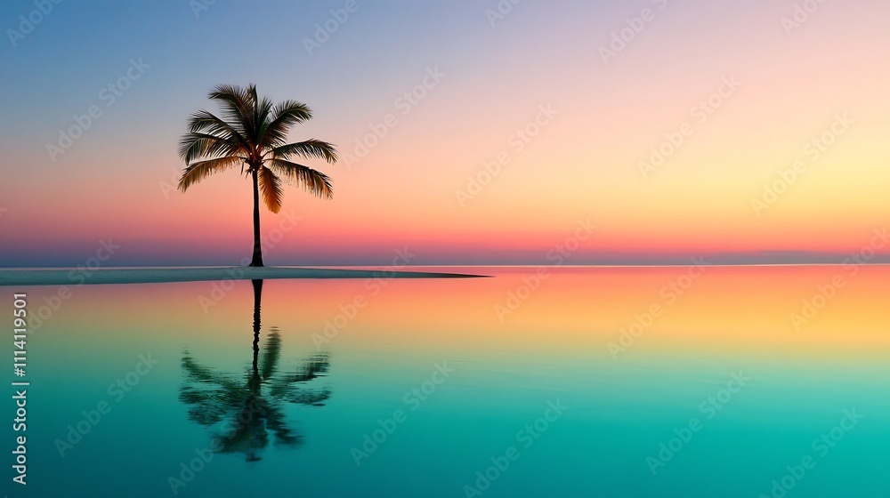 Serene Tropical Beach Sunset with Solitary Palm Tree Reflecting on Calm Ocean Waters