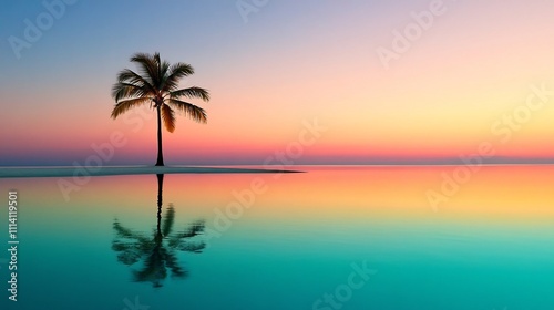 Serene Tropical Beach Sunset with Solitary Palm Tree Reflecting on Calm Ocean Waters