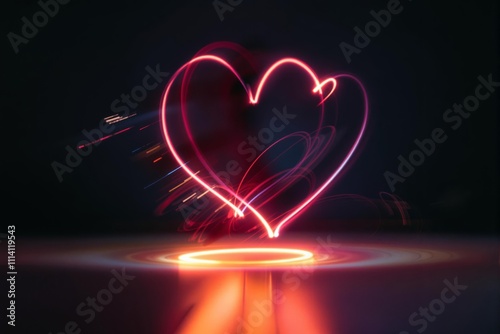 Obraz na płótnie Neon heart light trails. Abstract red heart-shaped light streaks and trails in a dark, moody background. w salonie