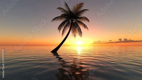 Sunset Silhouette of Lone Palm Tree on Serene Tropical Beach