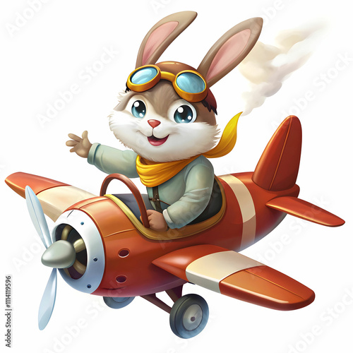 bunny piloting airplane on white background