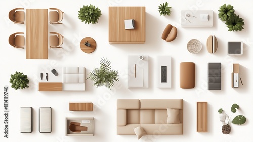 a top view of a furniture set, including a sofa, chairs, and a coffee table, all designed in a Scandinavian style with clean lines.