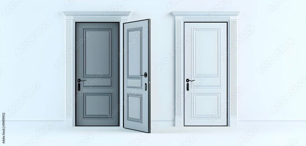 Stylish entryway doors, presented in both open and closed configurations, set against a white background for interior design inspiration. Stylish entryway doors, presented in both open and closed configurations, set against a white background for interior design inspiration.