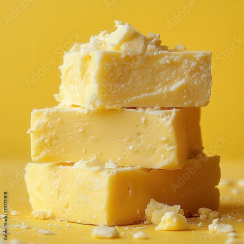 Delicious blocks of creamy yellow butter stacked attractively. photo