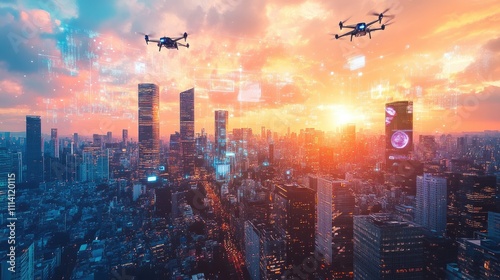 Drones flying over futuristic cityscape at sunset.