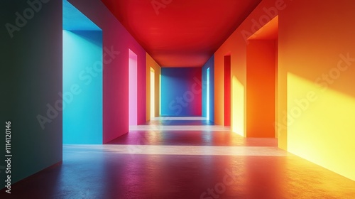 The image is a colorful abstract of a room with three walls of different colors