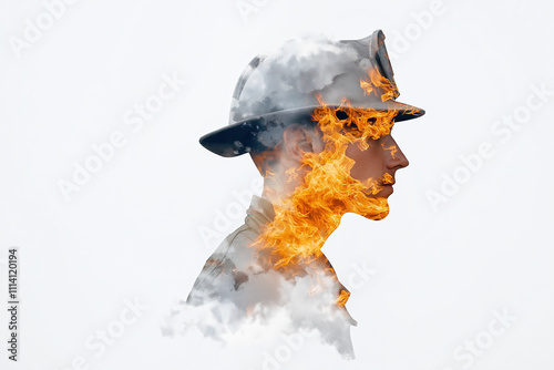 Striking double exposure of a firefighter’s profile engulfed in flames and smoke, symbolizing bravery and sacrifice