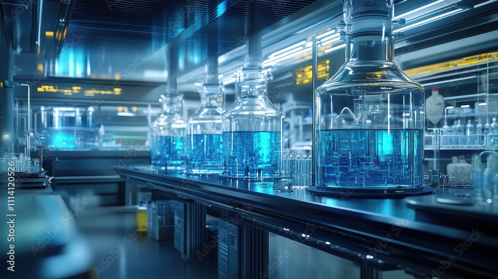 A lab scene features various bioreactors, each holding vibrant solutions in a modern research environment. Generative AI A lab scene features various bioreactors, each holding vibrant solutions in a modern research environment. Generative AI