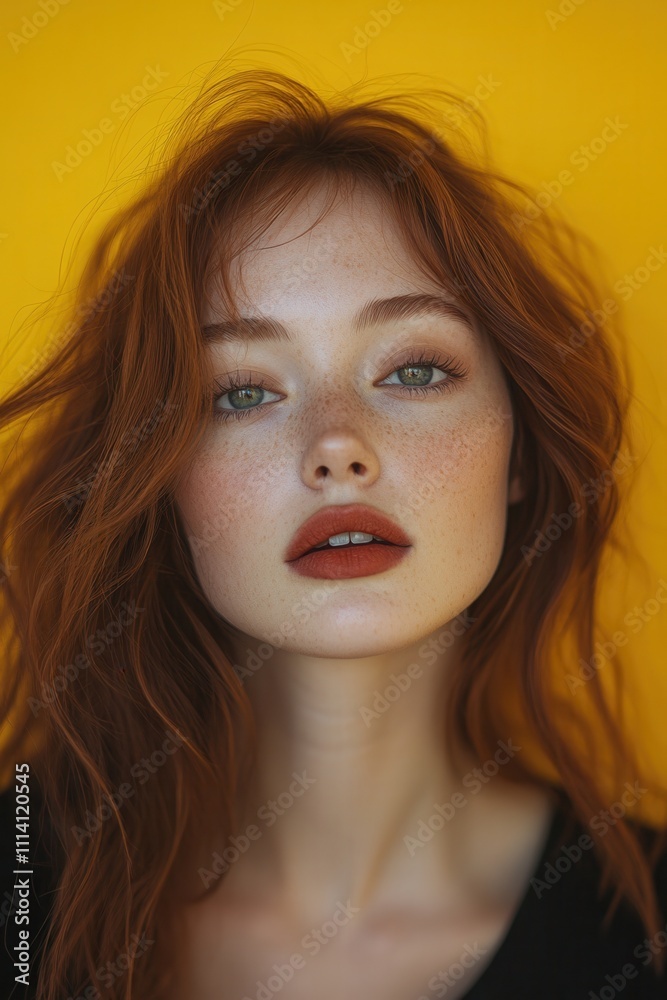 Portrait of a woman with vibrant hair against a yellow backdrop. Portrait of a woman with vibrant hair against a yellow backdrop.