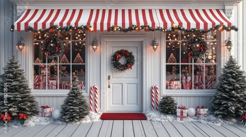 Candy Store Christmas Backdrop with White door and red-striped awning, candy canes, wreath on the white wooden front doors, Christmas trees, decorations, and candies in the windows.