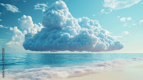A tranquil beach scene with clouds made of virtual wallets embodying the convenience and ease of storing your crypto assets in the cloud. photo
