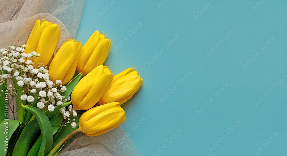 Top view photo of woman's day composition bunch of yellow tulips white gypsophila and soft textile on isolated pastel blue background with copyspace Top view photo of woman's day composition bunch of yellow tulips white gypsophila and soft textile on isolated pastel blue background with copyspace