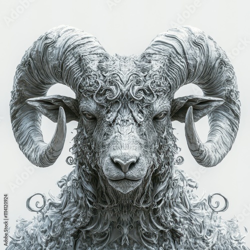 Front view illustration of a muscular ram with intricate horns, perfect for striking graphic design projects, isolated on a white background.