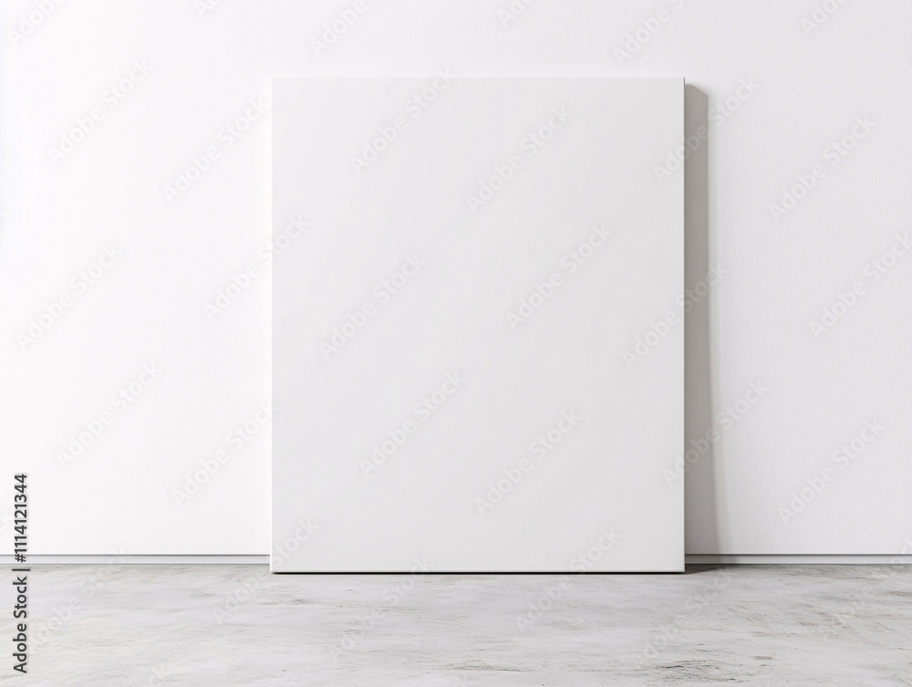 Square blank canvas standing on polished concrete floor with diffused natural light and shadows. Square blank canvas standing on polished concrete floor with diffused natural light and shadows.